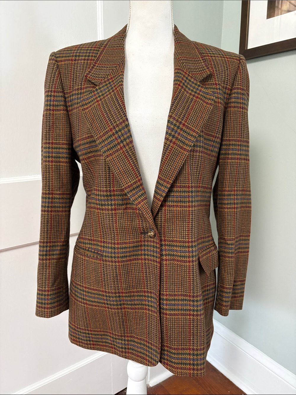 Vintage Aquascutum London Brown Plaid 100% Wool Blazer Size 8